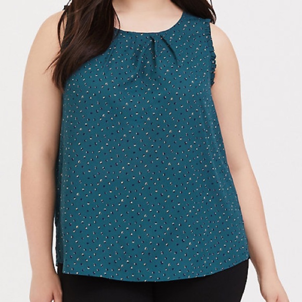 TEAL TOSS PRINT GEORGETTE RUFFLE TANK